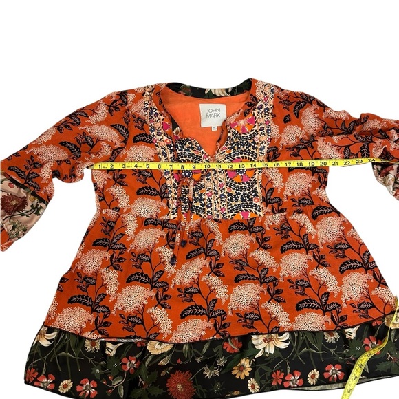 John Mark Orange Artsy Boho Floral Mixed Print Blouse Size Medium Oversized - Picture 7 of 10